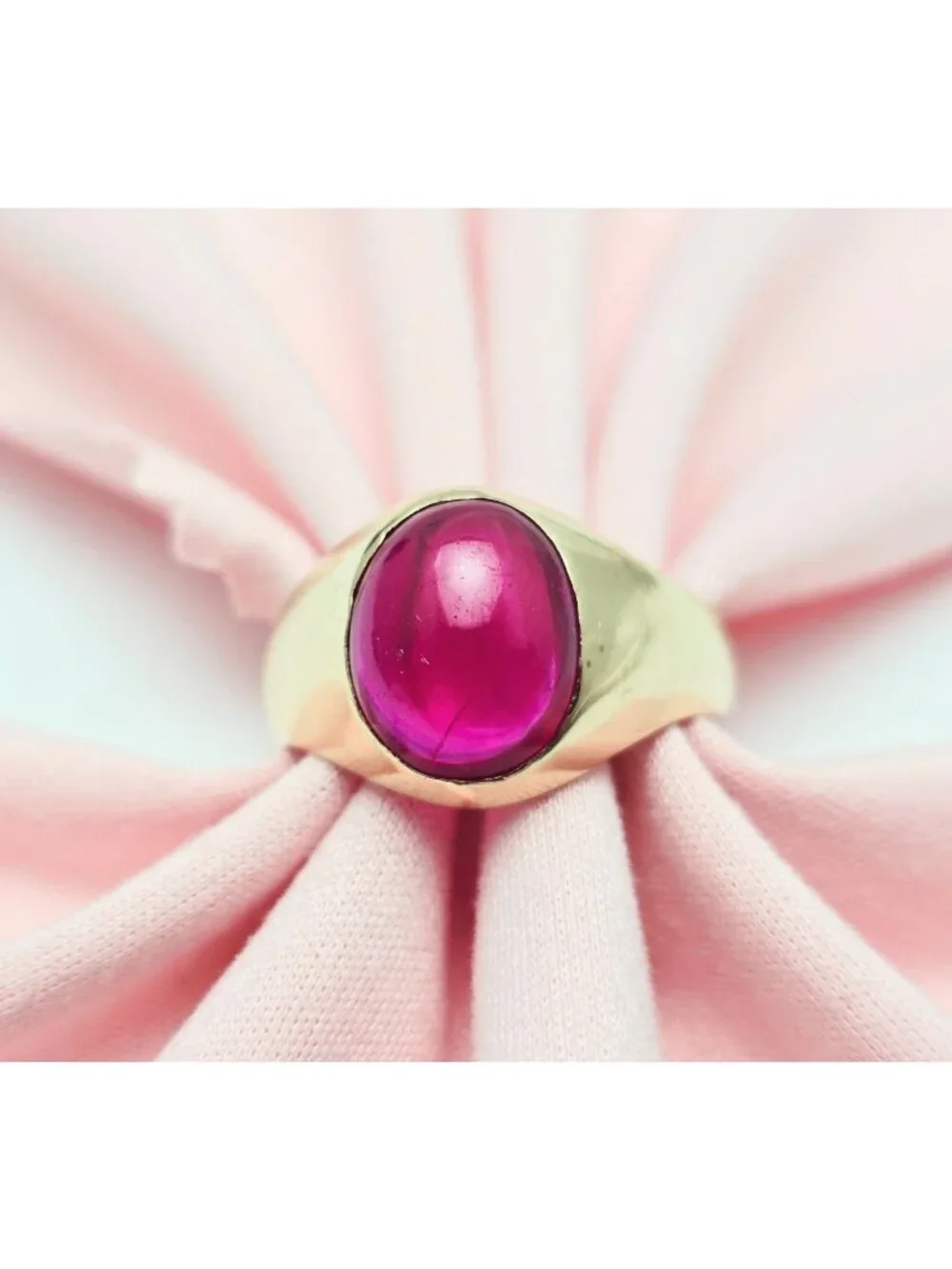 12K Karat Solid Yellow Gold Designer Oval Cabochon Lab Grown Ruby Ring - Size 10